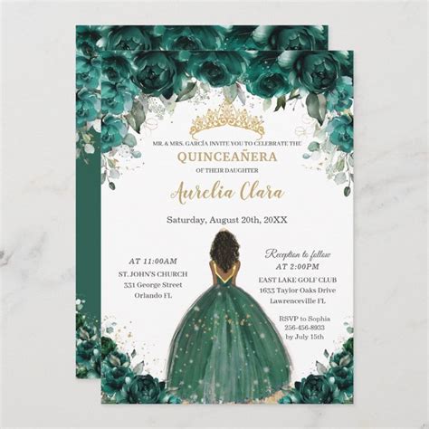 Chic Quinceañera Emerald Green Floral Princess Invitation Zazzle