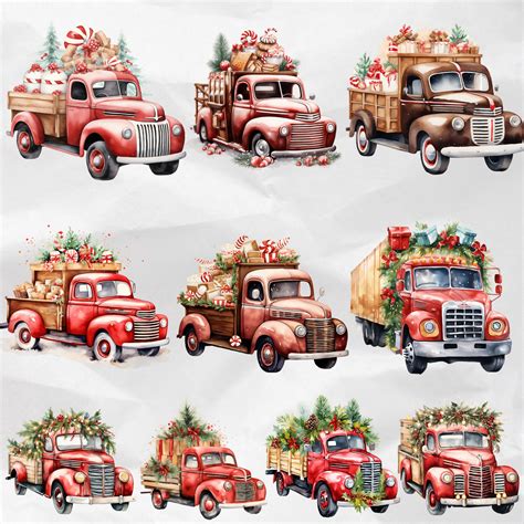 Watercolor Vintage Christmas Truck Clipart Christmas Truck PNG Bundle Red Pickup Truck Clipart ...