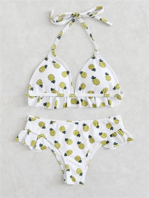 Pineapple Print Ruffle Trim Halter Bikini Set SheIn Sheinside