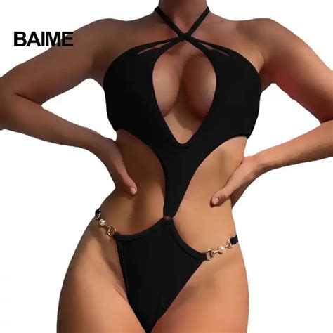 New One Piece Solid Color Bikini Pearl Chain Swimwear One Shoulder Hollow Sexy Beach Summer