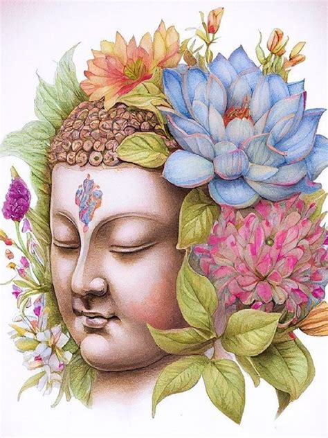 A Drawing Of A Buddha Head With Flowers On It S Forehead And Eyes Closed