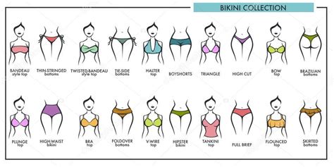 Mujer bikini tipos colección vector iconos de moda lencería o traje de baño