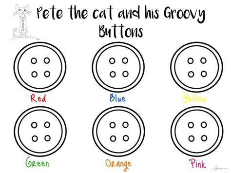 Four Different Colored Buttons With The Words Pete The Cat And His