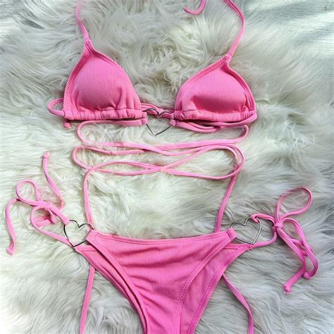 PINK HEARTS Bikini Set Size XS Material 82 Depop