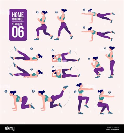 Home Workout girl set. Woman doing fitness and yoga exercises. Lunges ...