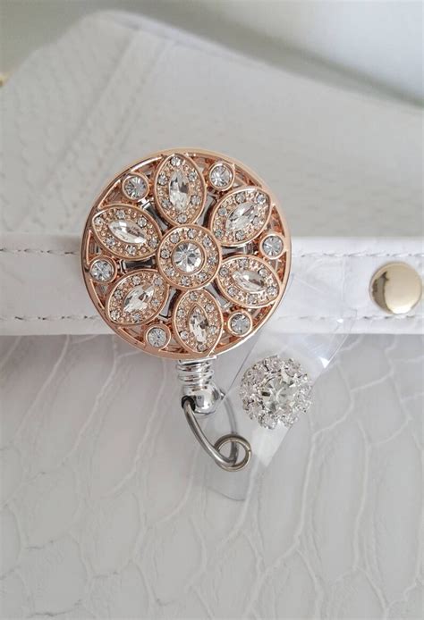 Retractable Id Badge Holder Rose Gold Rhinestone Bling Id Etsy