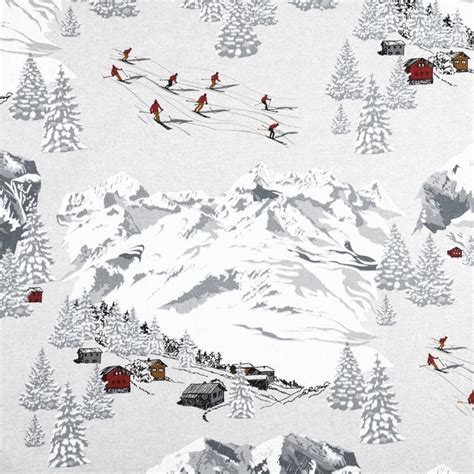 Tissu Toile Meribel Motif Station De Ski En Montagne Gris