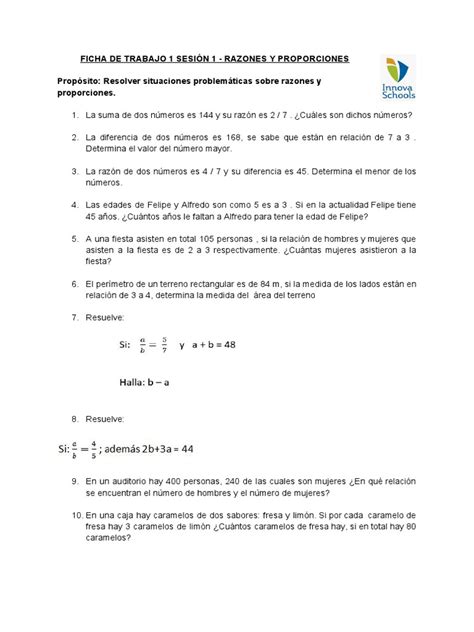 Ficha De Trabajo 1 Sesión 1 Razones Y Proporciones Pdf