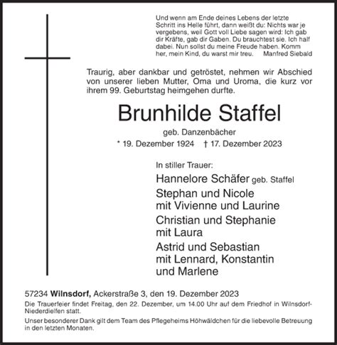 Traueranzeigen Von Brunhilde Staffel Trauer De