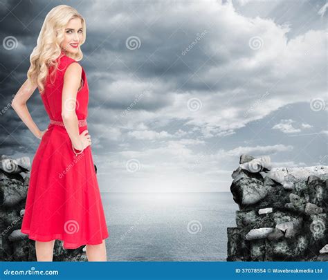 Smiling Blonde Standing Hands On Hips Stock Photo Image Of Perfect