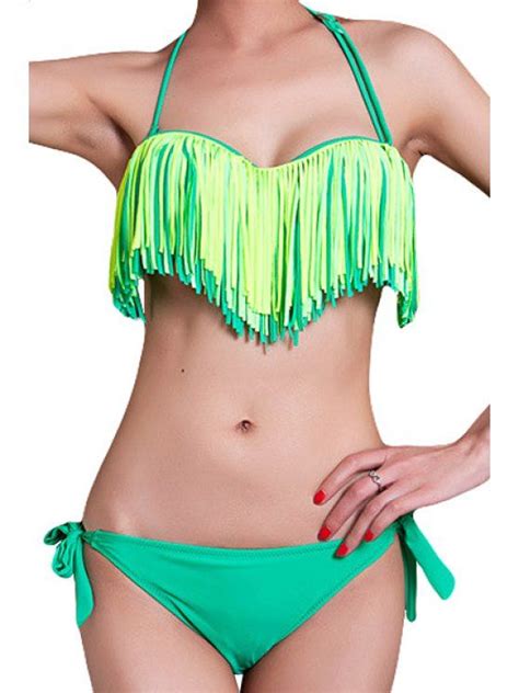 Off Halter Fringe Bikini Set In Green Xl Zaful