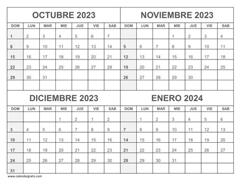 Calendario Octubre Noviembre Diciembre 2023 Enero 2024