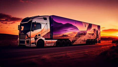 Truck Driving Through Mountain Pass At Sunset Generative Ai Stock