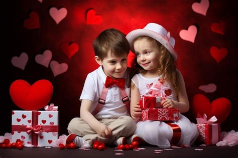 Premium Photo | Two children for valentine's day stand on the floor ...