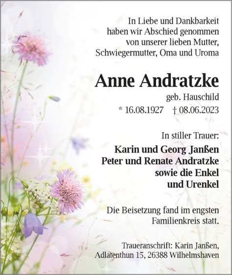 Traueranzeigen Von Anne Andratzke Nordwest Trauer De