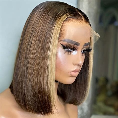 Dichte Braun Mit Highlight Blonde Gerade Kurze Bob Perücke x Spitze Front Menschliches