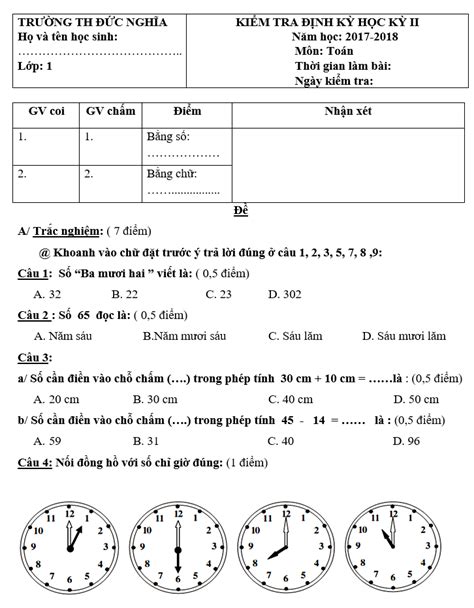 Đề Kiểm Tra Học Kì 2 Lớp 1 Môn Tiếng Việt Tiểu Học Đức Nghĩa 2018