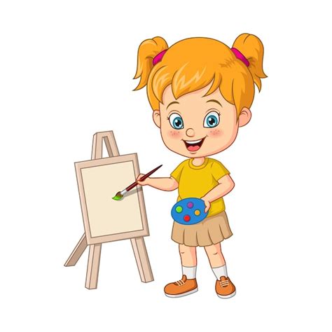 Menina Artista De Desenho Animado Pintando Sobre Tela Vetor Premium