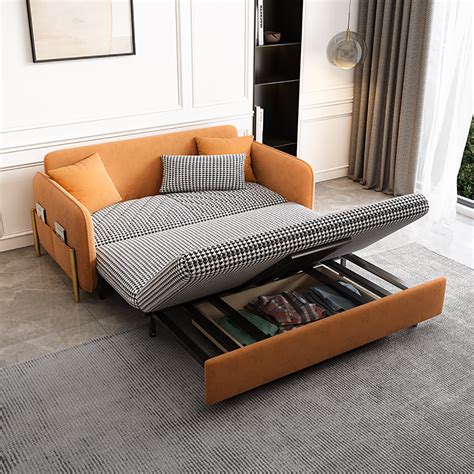 Full Sleeper Sofa Orange Upholstered Convertible Sofa Living Room