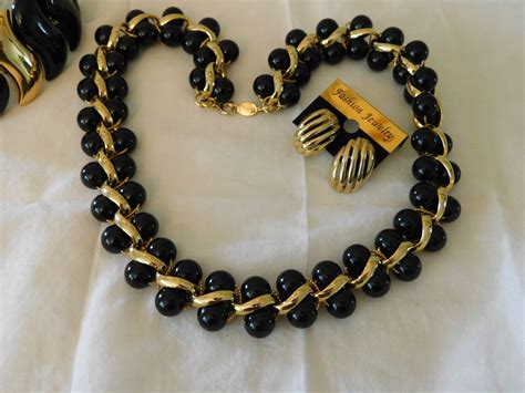 Napier Black Gold Set Beaded Necklace Wide Bracele Gem