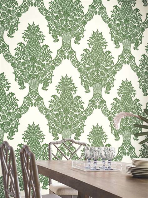 Papier peint Pineapple Damask vert Papier peint des années 70