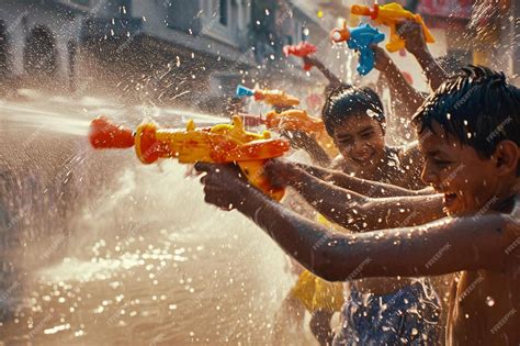 Premium Photo | A group of children playing with water guns