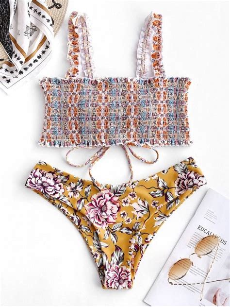 ZAFUL Bohemian Flower Smocked Lace Up Bikini Set Multi A S Bikinis