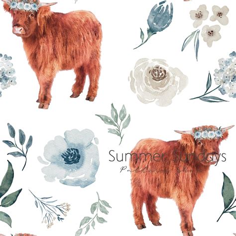 Highland Cow Floral Seamless Pattern Boho Floral Pattern For