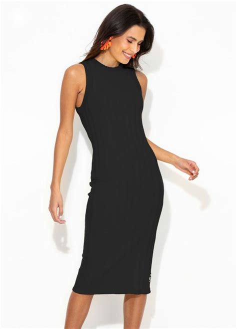 Vestido Midi Canelado Preto Colcci