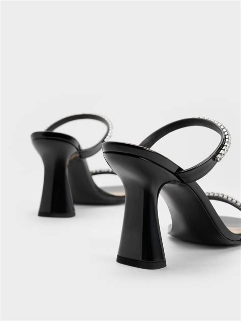 Black Patent Gem Encrusted Heeled Sandals Charles And Keith Hk