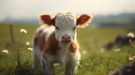 Premium AI Image | a brown and white baby cow on a farm