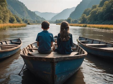 Premium AI Image A Boy And A Girl Are Sitting Between The Boats In