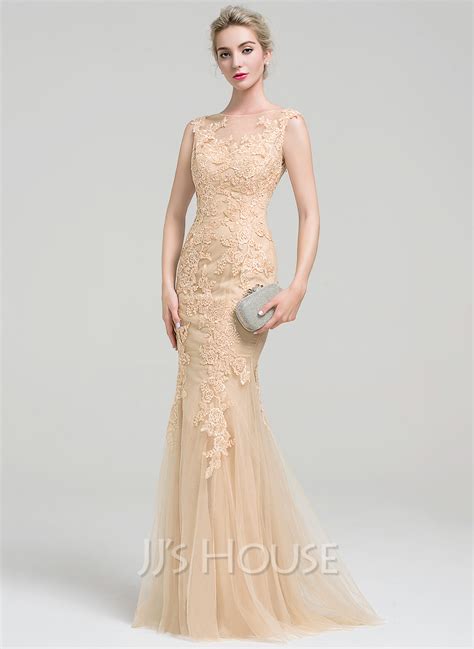 Trumpet Mermaid Scoop Neck Floor Length Tulle Lace Evening Dress