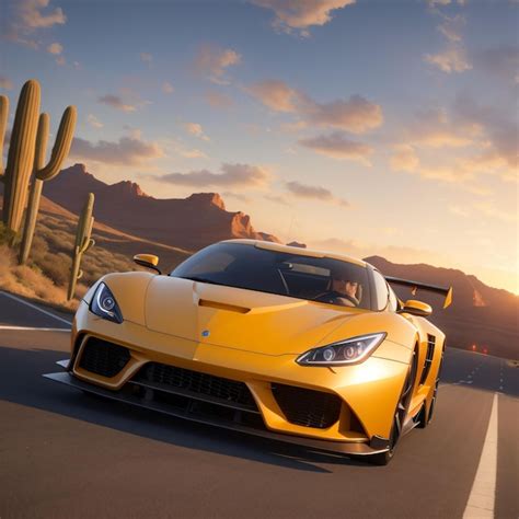 Premium Photo A Yellow Sports Car Is Driving On A Desert Road With A