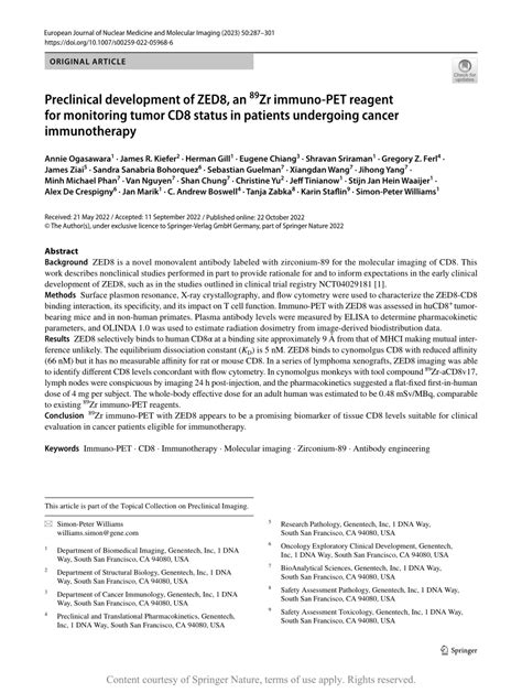 Preclinical Development Of Zed An Zr Immuno Pet Reagent For