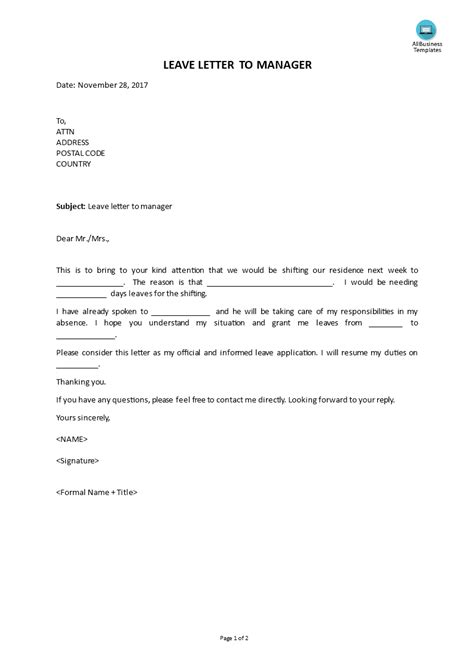 Sick Leave Letter To Manager