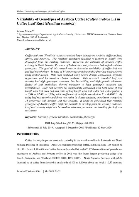 PDF Variability Of Genotypes Of Arabica Coffee Coffea Arabica L In