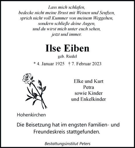 Traueranzeigen Von Ilse Eiben Nordwest Trauer De