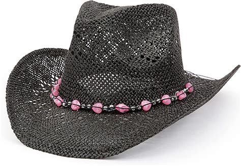 Straw Cowboy Hat For Women With Shapeable Brim Beaded Hearts Trim