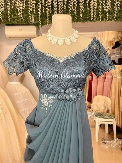 Dusty Blue Navy Blue Royal Blue Swag Design Formal Gown Ninang Gown