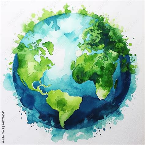 Watercolor Earth Illustration Hand Drawn Watercolor Planet With Green