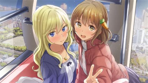 2girls Blonde Hair Blue Eyes Blush Brown Hair Building City Close Dress Long Hair Necklace