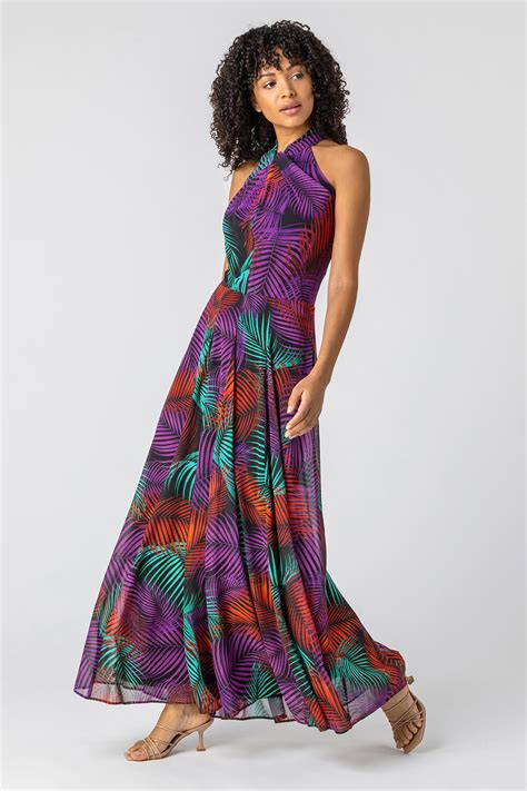 Tropical Print Halter Neck Maxi Dress In Purple Roman Originals Uk