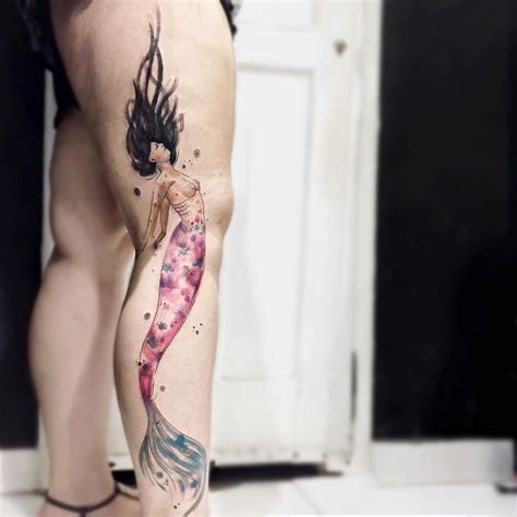 Pretty watercolor sketch style mermaid, done on the side of girl's leg ...