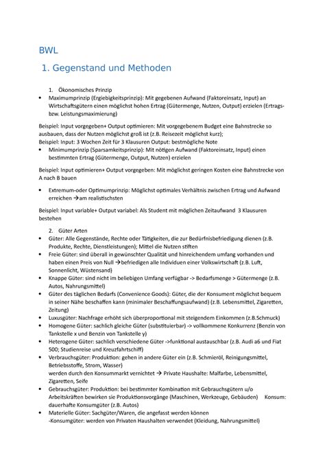 Bwl Zusammenfassung Bwl Gegenstand Und Methoden Konomisches