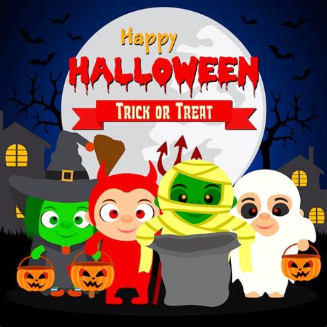 Feliz halloween trick or treat con niños disfrazados de halloween