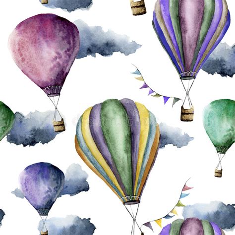 Watercolor Hot Air Balloon Set Hand Drawn Vintage Air Balloons With