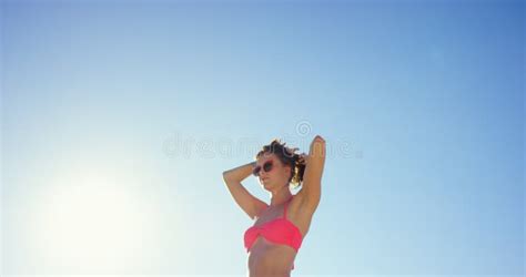 Woman Blue Sky And Hair On Beach In Bikini Happiness And Summer Break