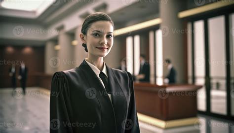 a beautiful smiling female prosecutor wearing prosecutor's robe inside ...