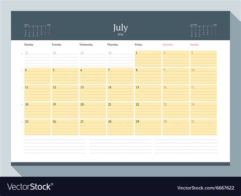 July 2016 monthly calendar planner for year Vector Image